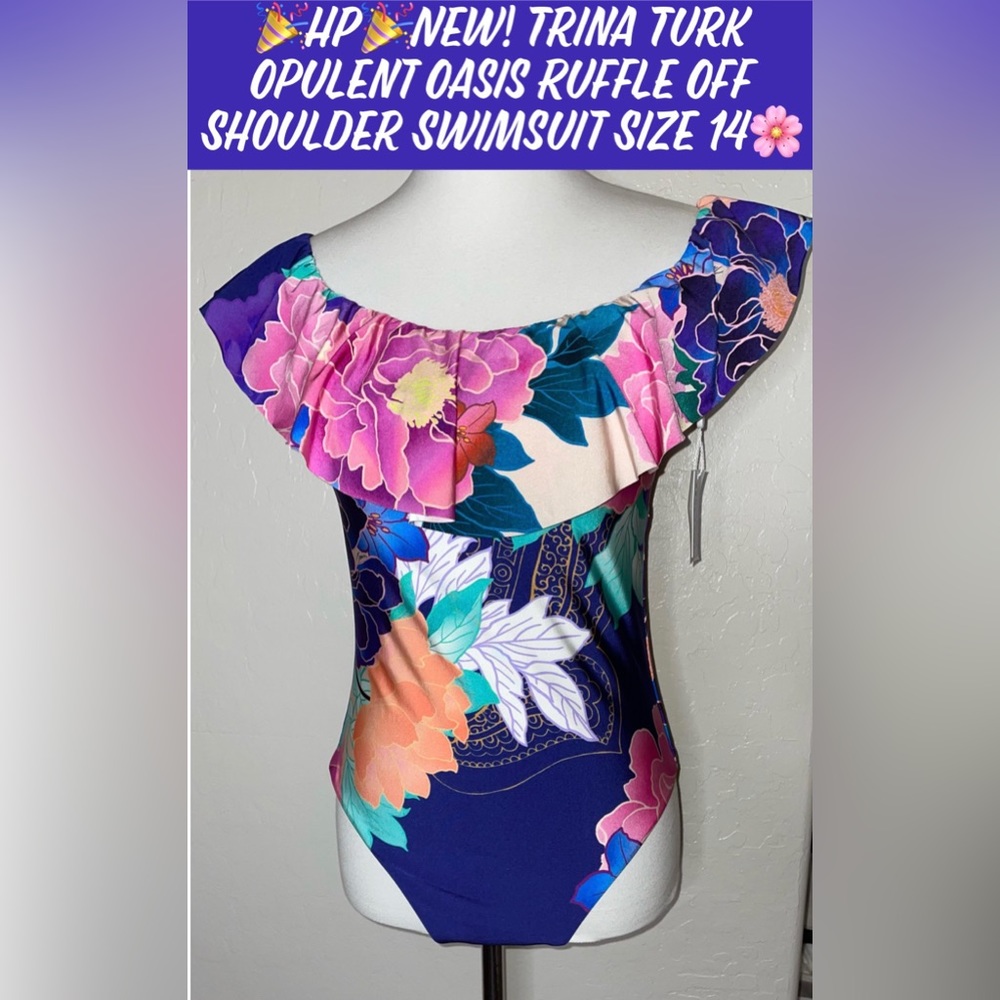 🎉HP🎉New! Trina Turk Opulent Oasis Floral Off Shoulder OnePc Swimsuit Size 14🌸